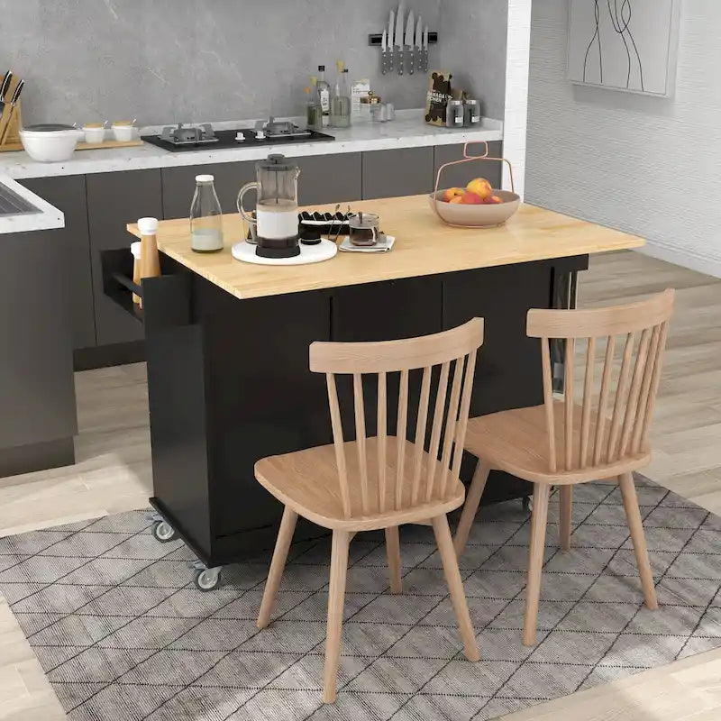 Îlot de cuisine mobile noir avec plateau en bois massif, assemblage par 2 personnes