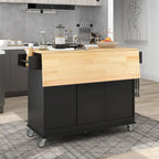 Îlot de cuisine mobile noir avec plateau en bois massif, assemblage par 2 personnes