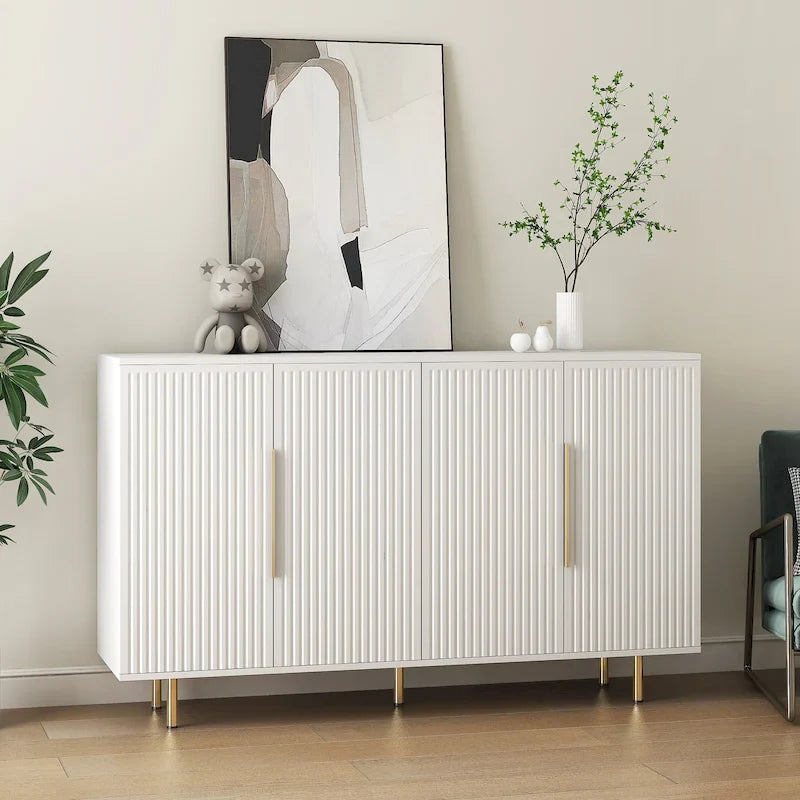 Bahut avec portes décoratives cannelées, buffet en bois avec poignées métalliques, meuble de rangement avec étagères réglables