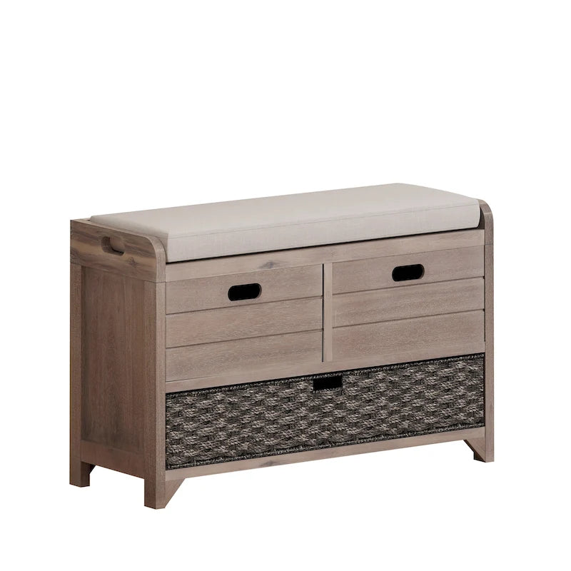 Banc de rangement capitonné 1 place avec 2 tiroirs et panier – Espresso / Chêne / Blanc / Bleu