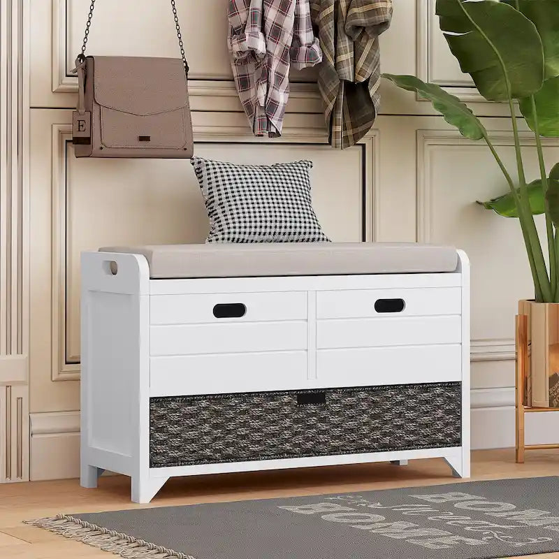 Banc de rangement capitonné 1 place avec 2 tiroirs et panier – Espresso / Chêne / Blanc / Bleu