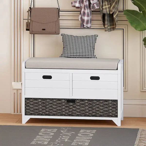 Banc de rangement capitonné 1 place avec 2 tiroirs et panier – Espresso / Chêne / Blanc / Bleu