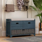 Banc de rangement capitonné 1 place avec 2 tiroirs et panier – Espresso / Chêne / Blanc / Bleu