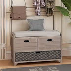 Banc de rangement capitonné 1 place avec 2 tiroirs et panier – Espresso / Chêne / Blanc / Bleu