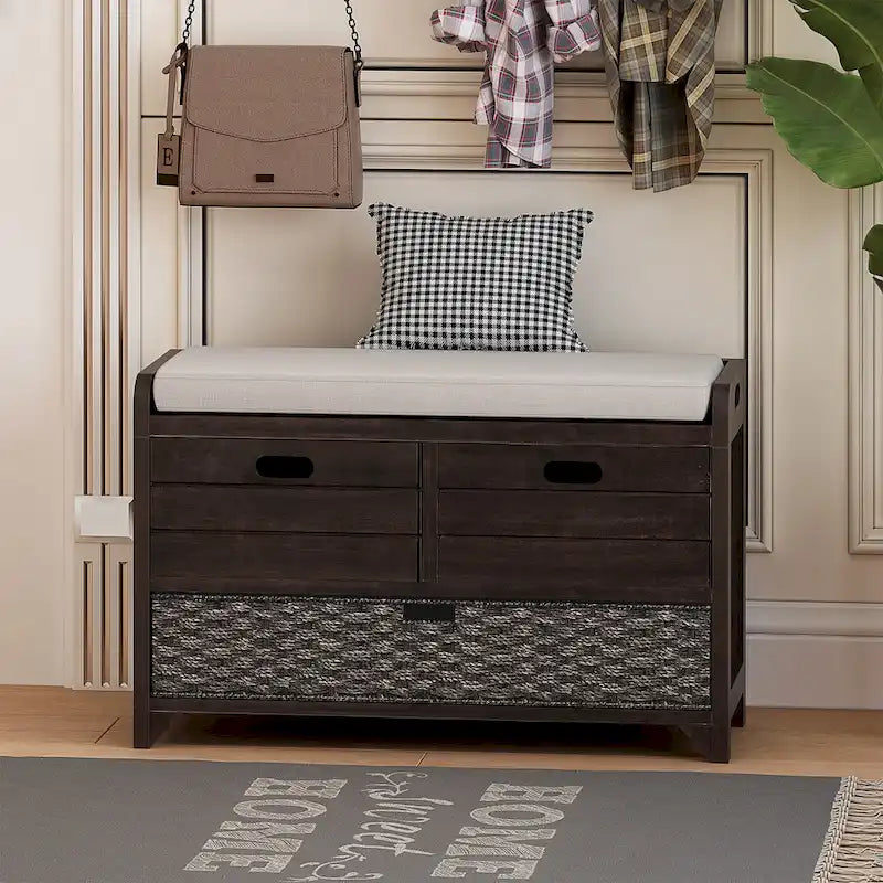 Banc de rangement capitonné 1 place avec 2 tiroirs et panier – Espresso / Chêne / Blanc / Bleu
