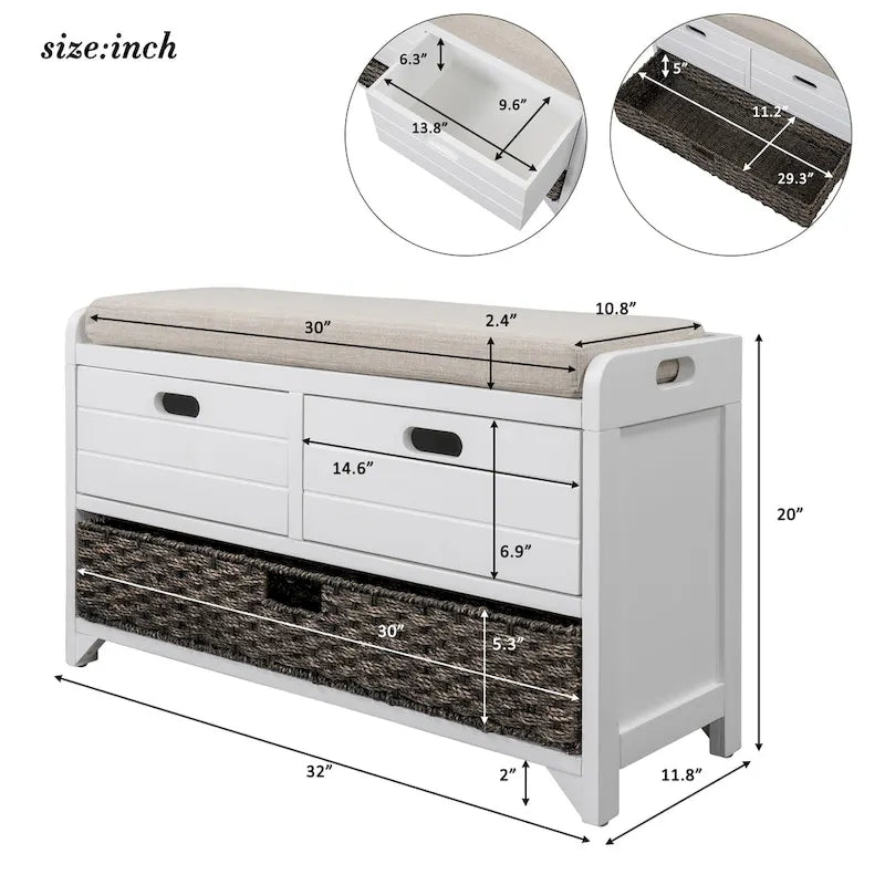 Banc de rangement capitonné 1 place avec 2 tiroirs et panier – Espresso / Chêne / Blanc / Bleu