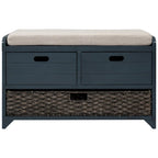 Banc de rangement capitonné 1 place avec 2 tiroirs et panier – Espresso / Chêne / Blanc / Bleu