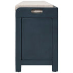 Banc de rangement capitonné 1 place avec 2 tiroirs et panier – Espresso / Chêne / Blanc / Bleu