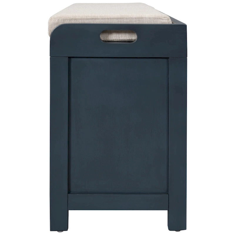 Banc de rangement capitonné 1 place avec 2 tiroirs et panier – Espresso / Chêne / Blanc / Bleu
