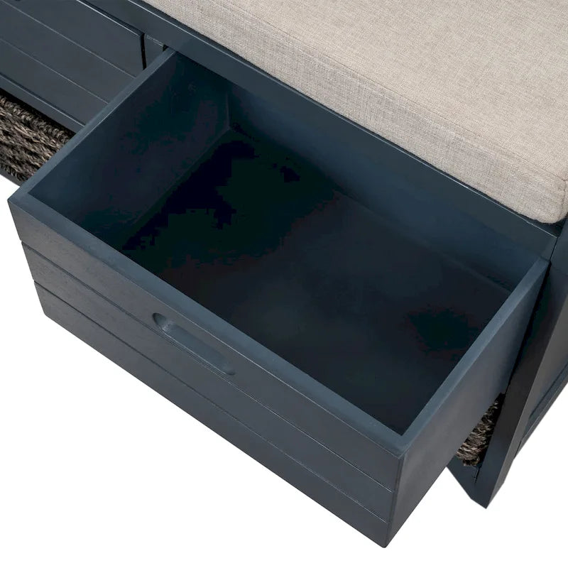 Banc de rangement capitonné 1 place avec 2 tiroirs et panier – Espresso / Chêne / Blanc / Bleu