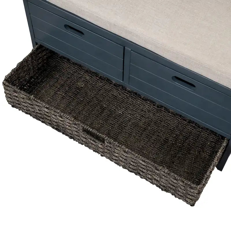 Banc de rangement capitonné 1 place avec 2 tiroirs et panier – Espresso / Chêne / Blanc / Bleu