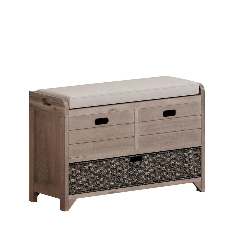 Banc de rangement capitonné 1 place avec 2 tiroirs et panier – Espresso / Chêne / Blanc / Bleu