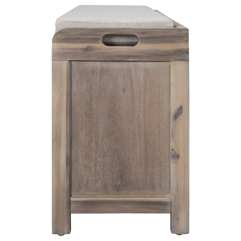 Banc de rangement capitonné 1 place avec 2 tiroirs et panier – Espresso / Chêne / Blanc / Bleu