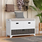 Banc de rangement capitonné 1 place avec 2 tiroirs et panier – Espresso / Chêne / Blanc / Bleu