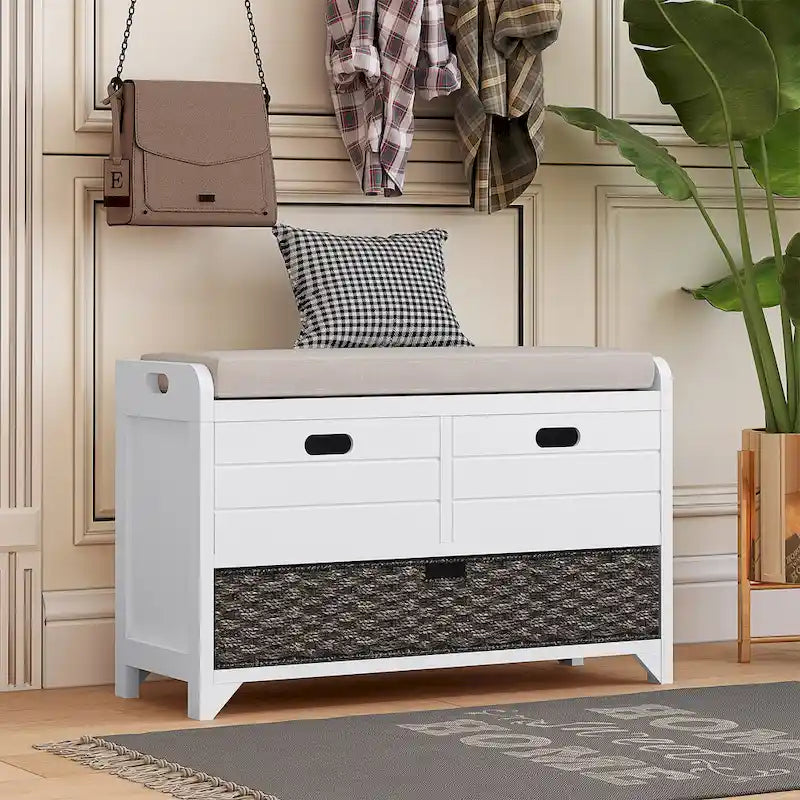 Banc de rangement capitonné 1 place avec 2 tiroirs et panier – Espresso / Chêne / Blanc / Bleu