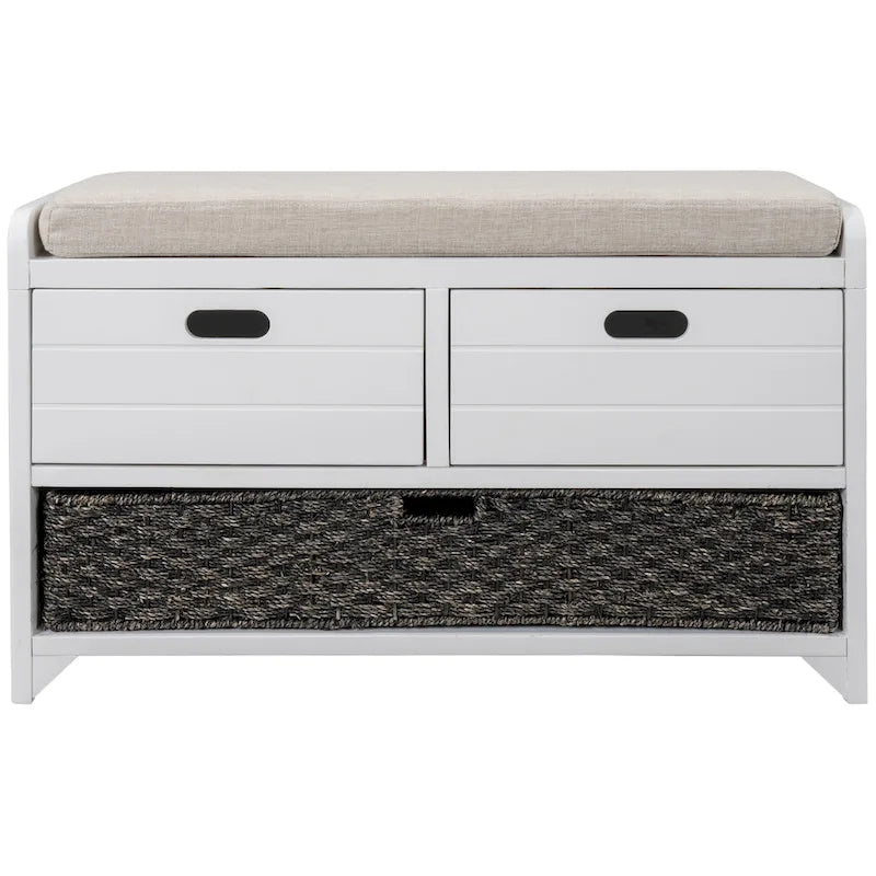 Banc de rangement capitonné 1 place avec 2 tiroirs et panier – Espresso / Chêne / Blanc / Bleu