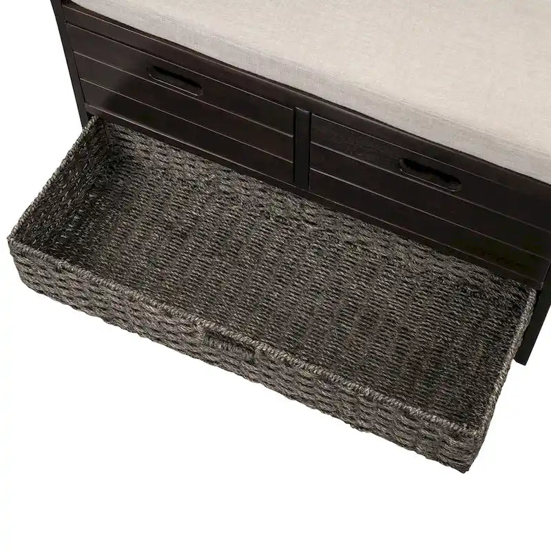 Banc de rangement capitonné 1 place avec 2 tiroirs et panier – Espresso / Chêne / Blanc / Bleu