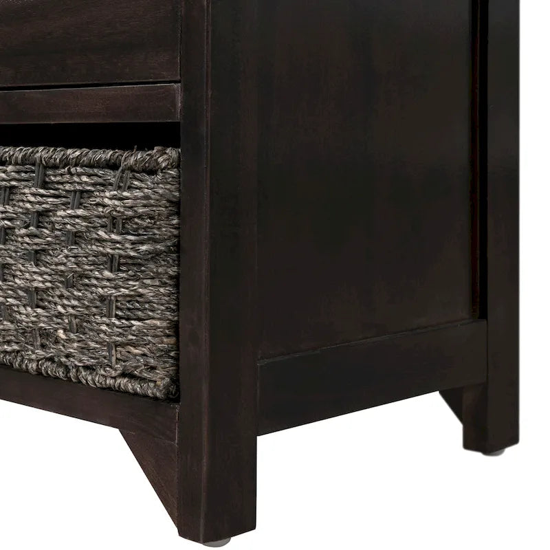 Banc de rangement capitonné 1 place avec 2 tiroirs et panier – Espresso / Chêne / Blanc / Bleu