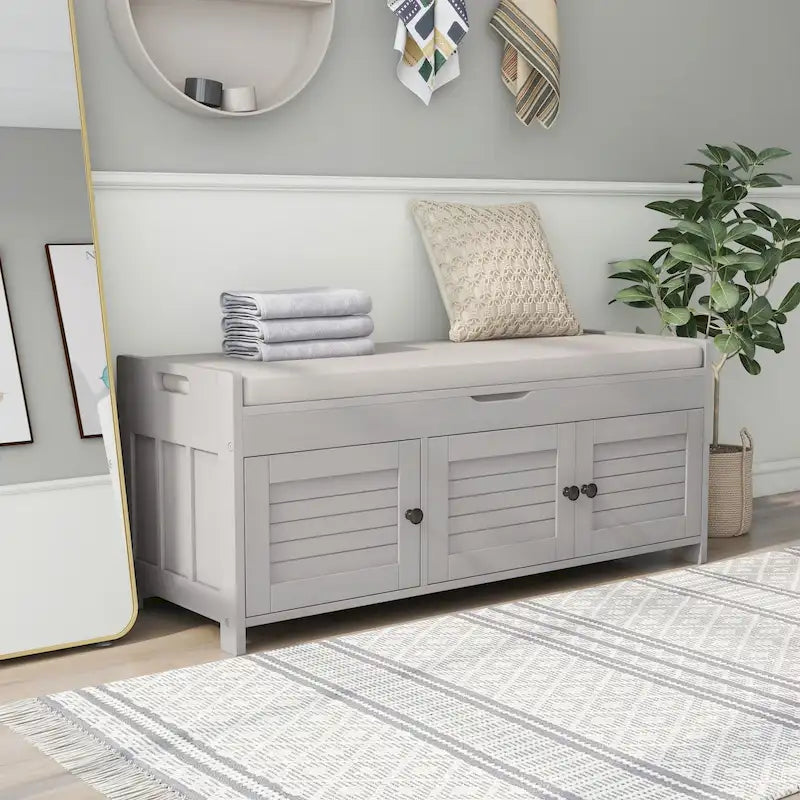Banc de rangement à portes persiennes, 2 places - Gris délavé / Bleu marine vieilli / Blanc / Espresso rustique