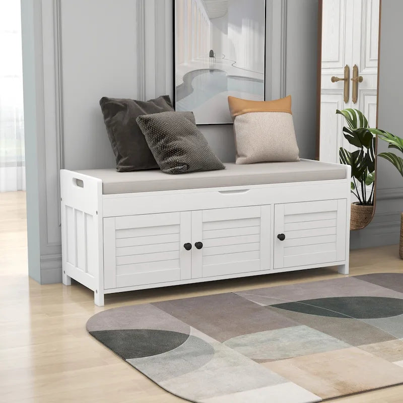Banc de rangement à portes persiennes, 2 places - Gris délavé / Bleu marine vieilli / Blanc / Espresso rustique