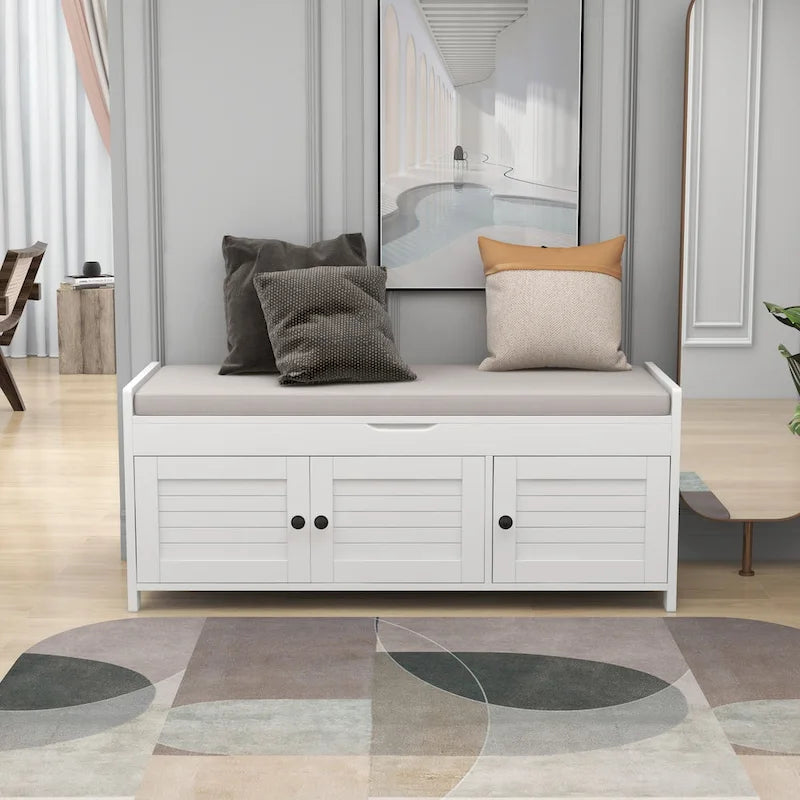 Banc de rangement à portes persiennes, 2 places - Gris délavé / Bleu marine vieilli / Blanc / Espresso rustique