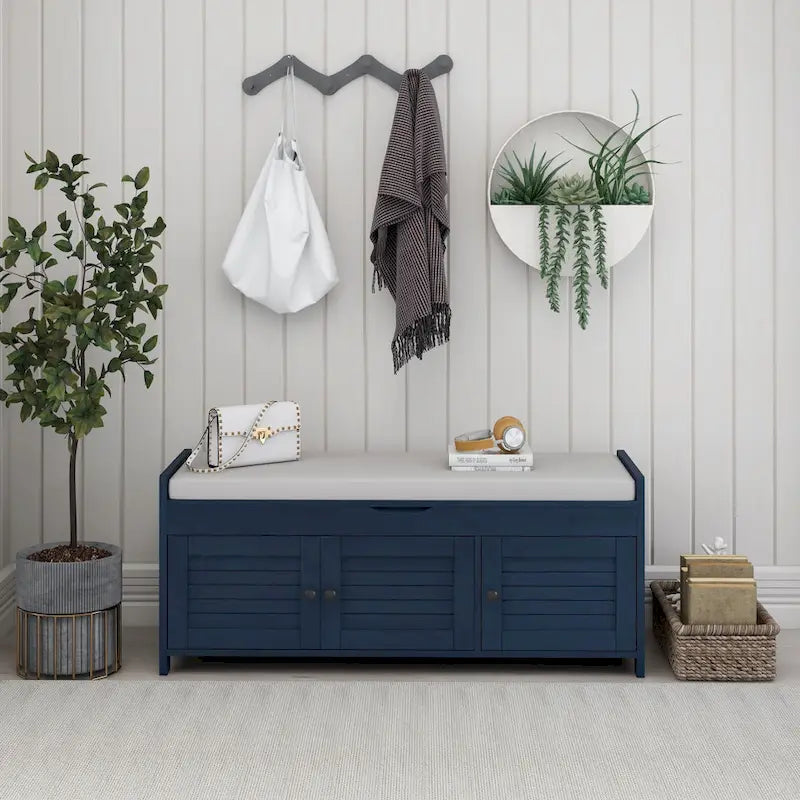 Banc de rangement à portes persiennes, 2 places - Gris délavé / Bleu marine vieilli / Blanc / Espresso rustique