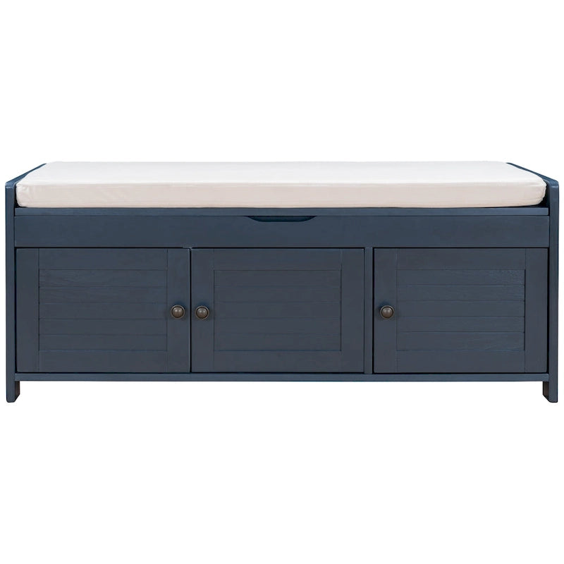 Banc de rangement à portes persiennes, 2 places - Gris délavé / Bleu marine vieilli / Blanc / Espresso rustique
