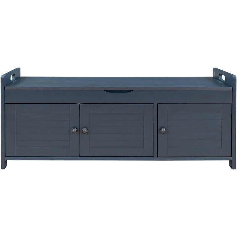 Banc de rangement à portes persiennes, 2 places - Gris délavé / Bleu marine vieilli / Blanc / Espresso rustique