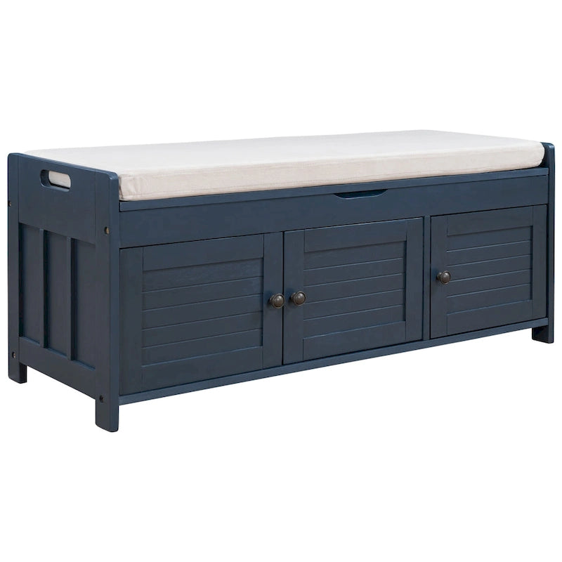 Banc de rangement à portes persiennes, 2 places - Gris délavé / Bleu marine vieilli / Blanc / Espresso rustique