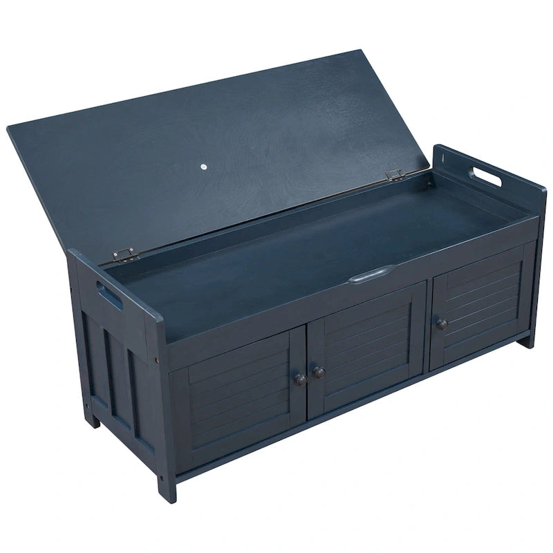 Banc de rangement à portes persiennes, 2 places - Gris délavé / Bleu marine vieilli / Blanc / Espresso rustique