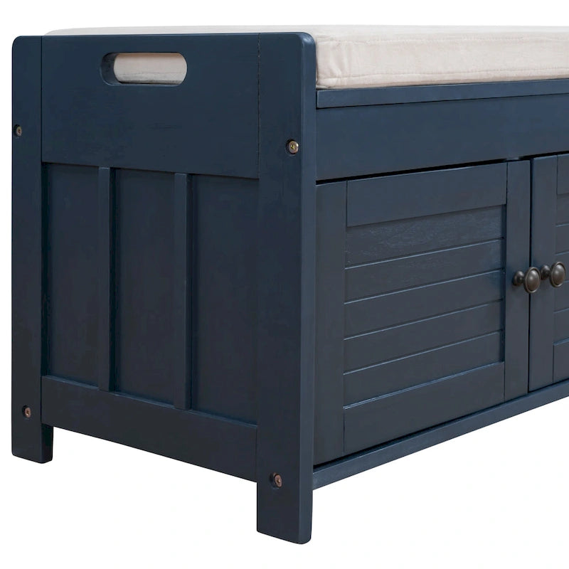 Banc de rangement à portes persiennes, 2 places - Gris délavé / Bleu marine vieilli / Blanc / Espresso rustique