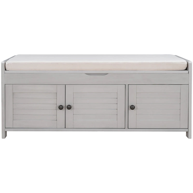 Banc de rangement à portes persiennes, 2 places - Gris délavé / Bleu marine vieilli / Blanc / Espresso rustique