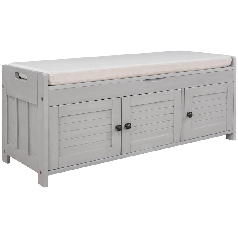 Banc de rangement à portes persiennes, 2 places - Gris délavé / Bleu marine vieilli / Blanc / Espresso rustique
