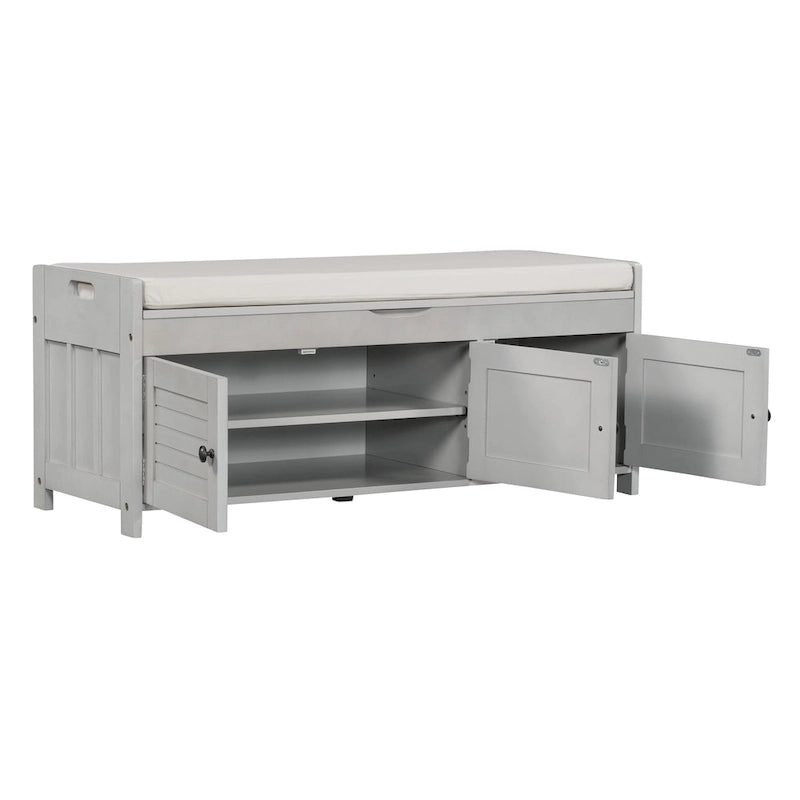 Banc de rangement à portes persiennes, 2 places - Gris délavé / Bleu marine vieilli / Blanc / Espresso rustique