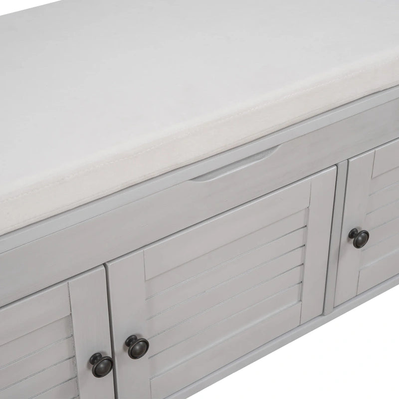 Banc de rangement à portes persiennes, 2 places - Gris délavé / Bleu marine vieilli / Blanc / Espresso rustique