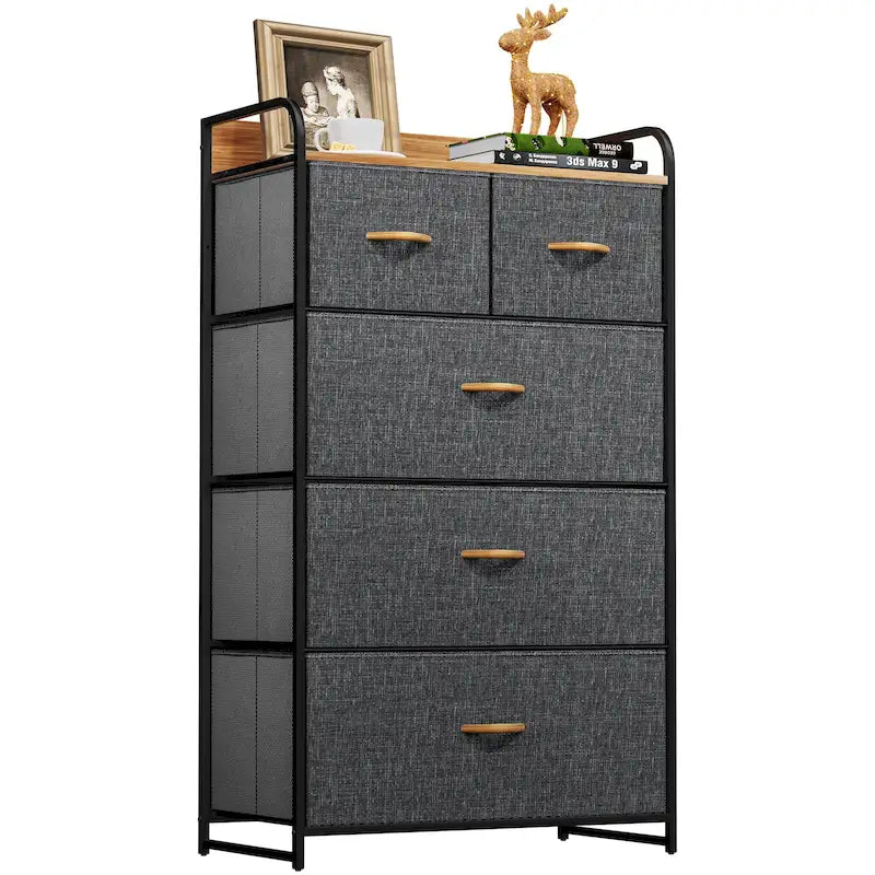 Commode en tissu à 5 tiroirs gris clair/gris foncé/crème/noir, 1 personne
