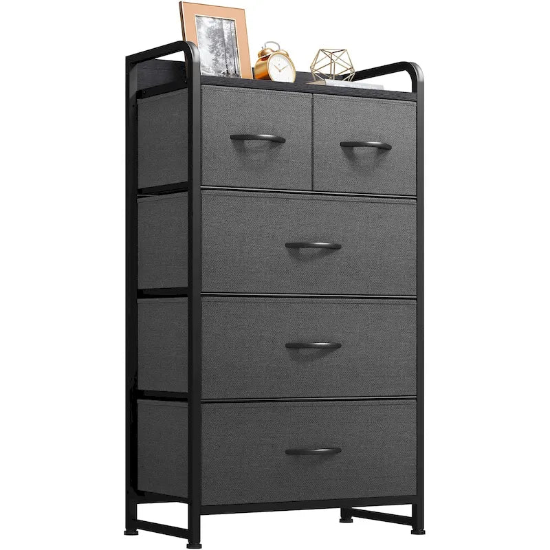 Commode en tissu à 5 tiroirs gris clair/gris foncé/crème/noir, 1 personne