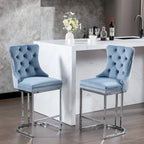 Tabouret de comptoir en velours bleu clair / beige / gris, style dossier capitonné, lot de 2