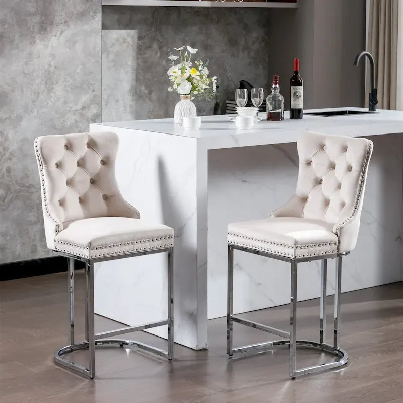 Tabouret de comptoir en velours bleu clair / beige / gris, style dossier capitonné, lot de 2