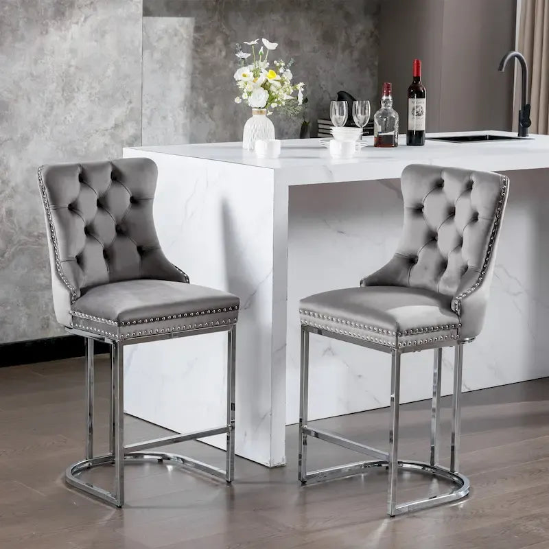 Tabouret de comptoir en velours bleu clair / beige / gris, style dossier capitonné, lot de 2