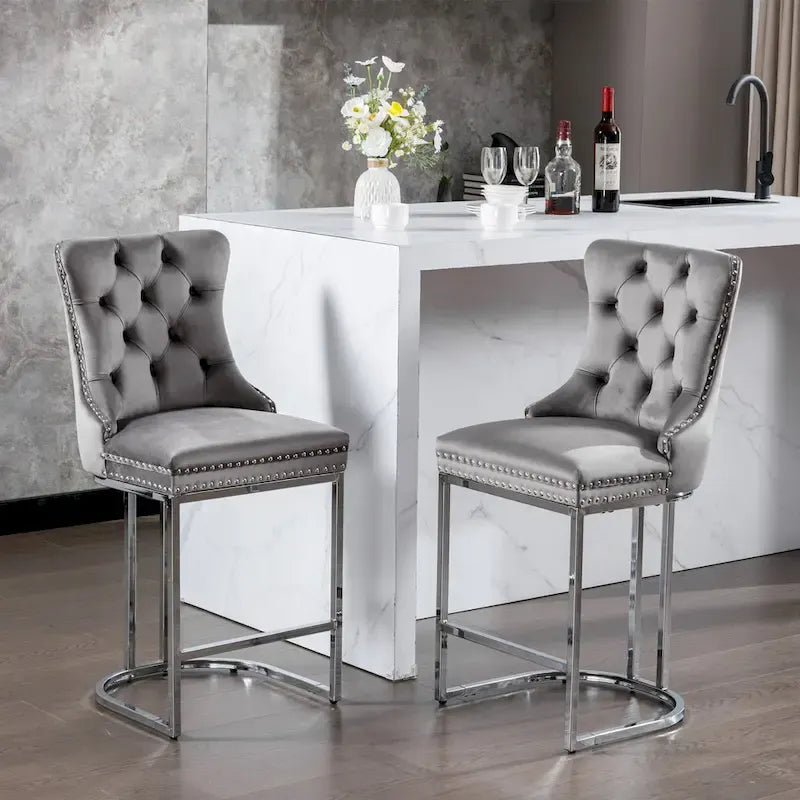 Tabouret de comptoir en velours bleu clair / beige / gris, style dossier capitonné, lot de 2