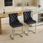 Tabouret de comptoir en velours bleu clair / beige / gris, style dossier capitonné, lot de 2
