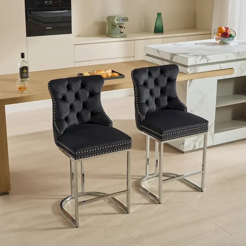 Tabouret de comptoir en velours bleu clair / beige / gris, style dossier capitonné, lot de 2
