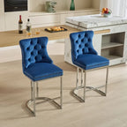 Tabouret de comptoir en velours bleu clair / beige / gris, style dossier capitonné, lot de 2