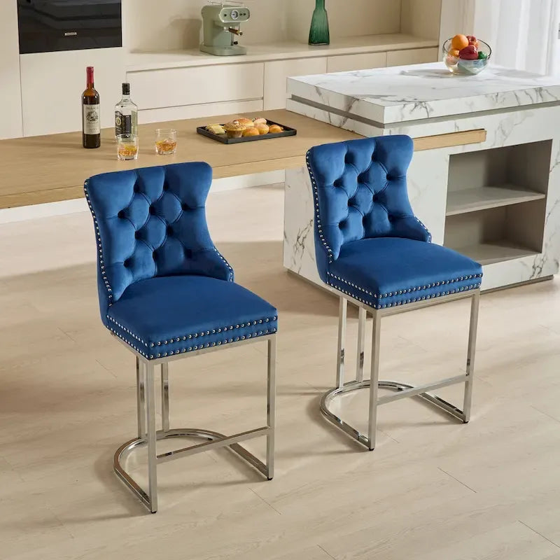 Tabouret de comptoir en velours bleu clair / beige / gris, style dossier capitonné, lot de 2
