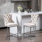 Tabouret de comptoir en velours bleu clair / beige / gris, style dossier capitonné, lot de 2