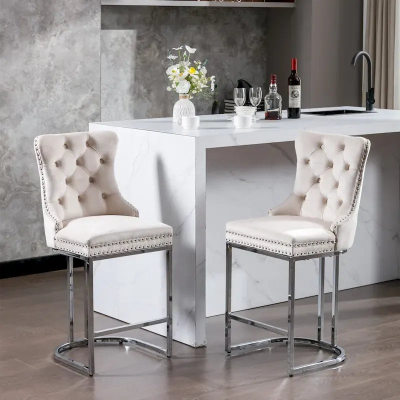 Tabouret de comptoir en velours bleu clair / beige / gris, style dossier capitonné, lot de 2