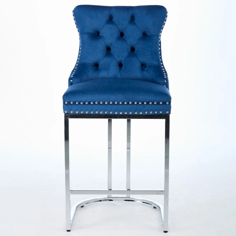 Tabouret de comptoir en velours bleu clair / beige / gris, style dossier capitonné, lot de 2