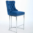 Tabouret de comptoir en velours bleu clair / beige / gris, style dossier capitonné, lot de 2