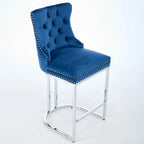Tabouret de comptoir en velours bleu clair / beige / gris, style dossier capitonné, lot de 2